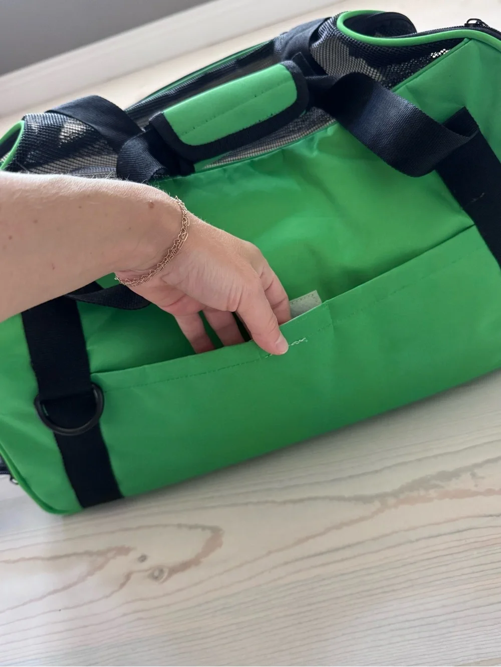 Green Pet Travel Carrier Bundle with Gray Cozy Bed and Bowl
